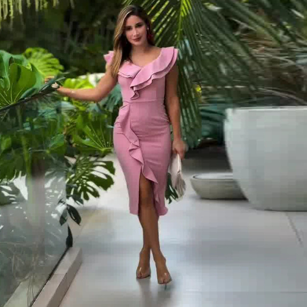 Forever 21 Pink Ruffle Sleeveless Bodycon Midi Dress